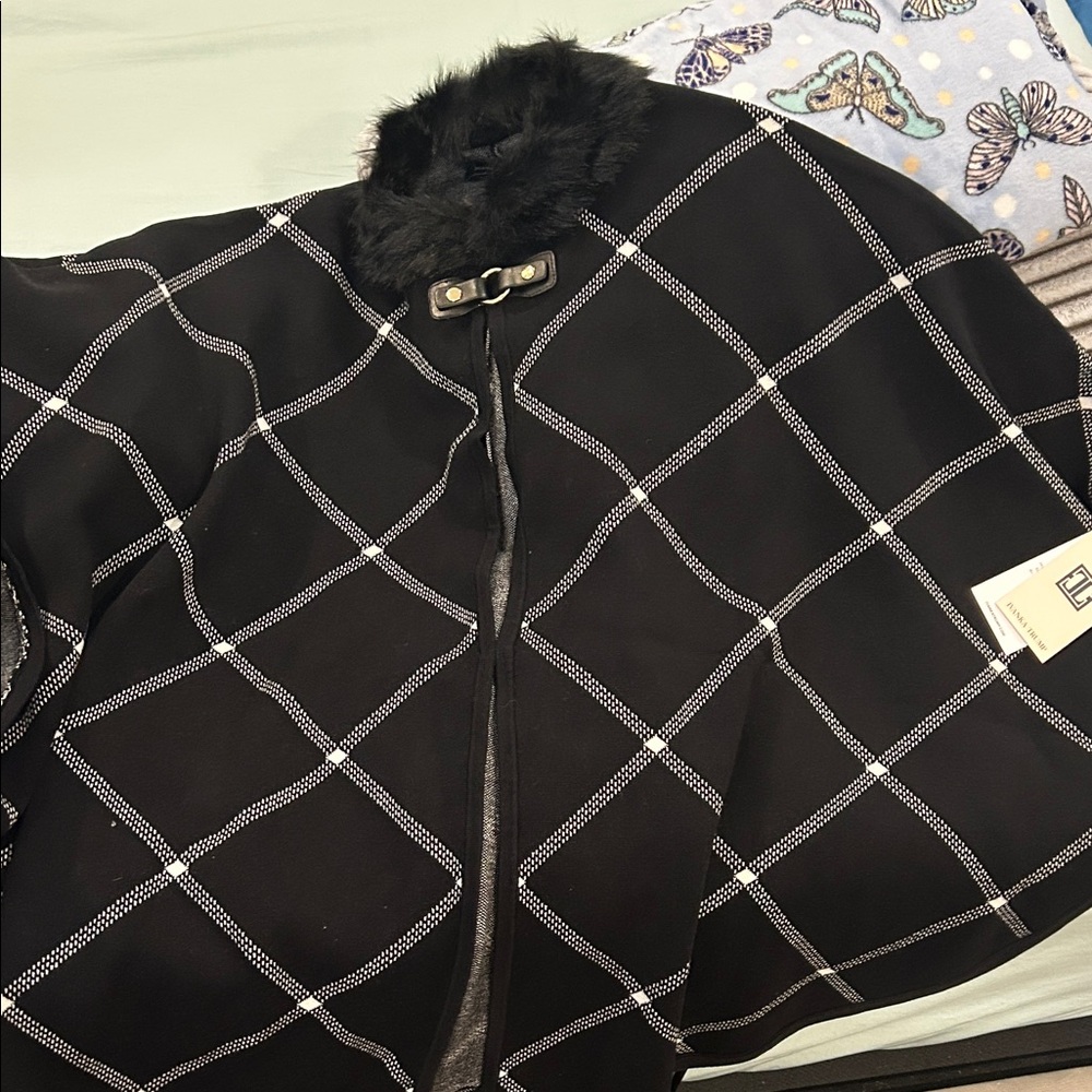 Ivanka Trump Black Cape with White Grid and Fur Collar